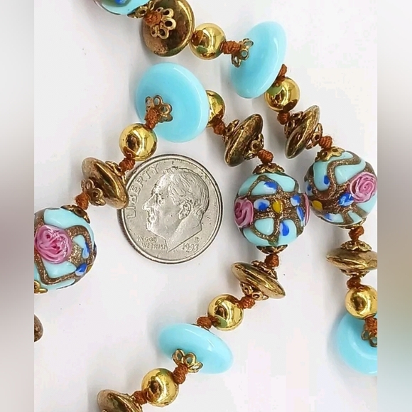 Wedding Cake Robin Egg Blue Glass Beaded Gold Tone Vtg 28" GORGEOUS Necklace - Picture 13 of 15
